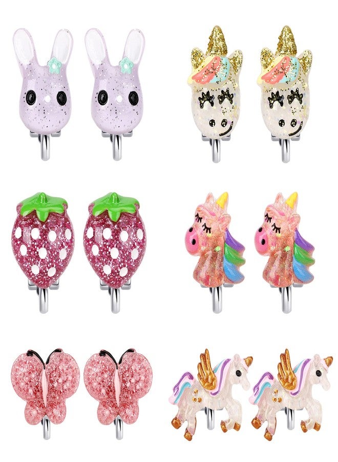 Wingchold Unicorn Clip On Earrings for Little Girls, Bling Butterfly and Strawberry Earrings, Toddler Girls Dress Up Jewelry, 6 Pairs, Best Gift-C - Image 1